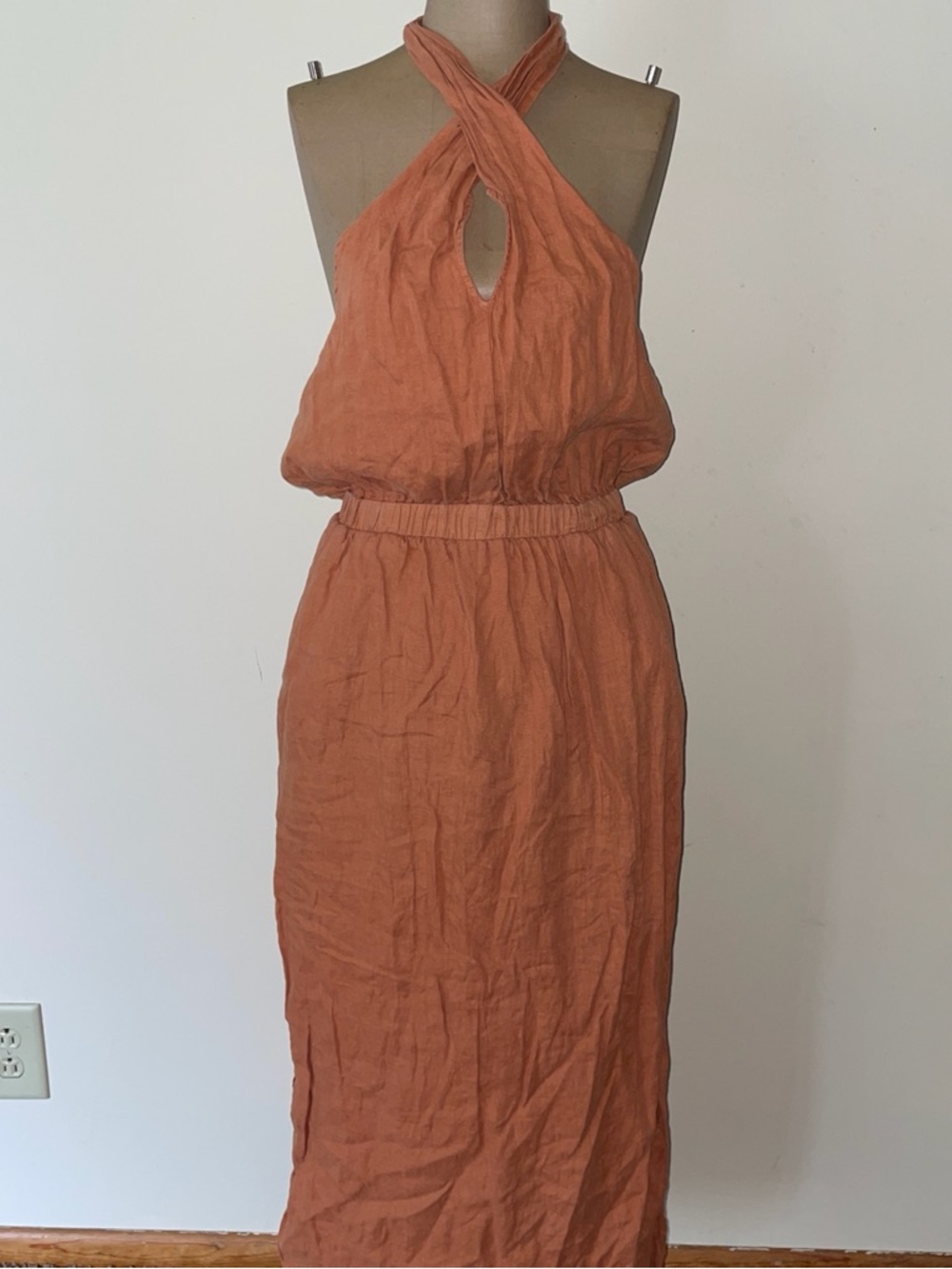 cloth & stone Rust Maxi Dress slit sides-LINEN-halter-open back